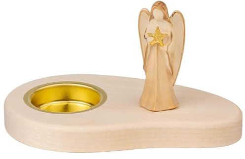 Seiffener Volkskunst | Teelichthalter | Tischdeko für Teelicht aus Naturholz 8x14x8 cm | Handgefertigte Erzgebirgische Holzkunst | Weihnachtsdeko mit Figuren | Engel mit Stern