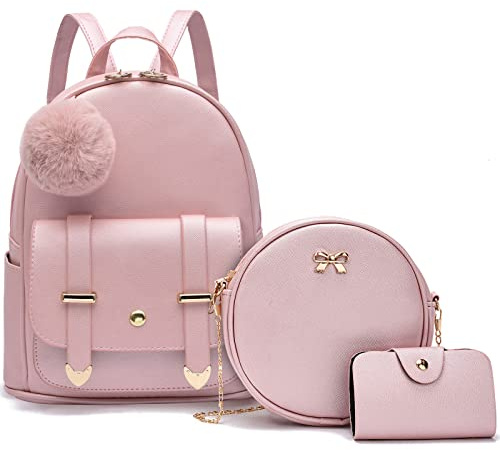 I IHAYNER Mini Rucksack für Mädchen und Frauen PU-Leder Handtasche Pompom Umhängetasche Kleine Tasche für Alltag Schule (Rosa-1)