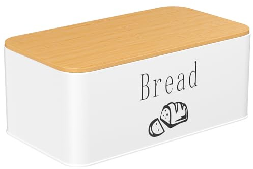 Amdoticknpf Portapane, Cassetta per Pane, 2 in 1 Portapane in Metallo con Coperchio in Bambù, Può Essere Utilizzato Come Tagliere, per Una Freschezza Duratura, 33x18,4x13cm (Bianco)