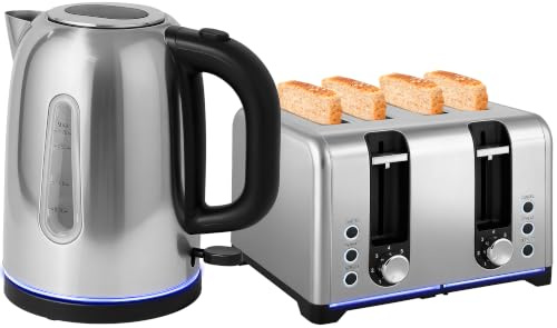 HOMCOM Kettle and Toaster Set, 1.7L 3000W Rapid Boil, 4 Slice, Silver Tone | Jug Kettle, Otter Thermostat, Limescale Filter, 7 Browning Controls, LED Strip, Crumb Tray