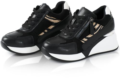 Genesandro Sneaker med kilklack damer mode kilsneakers, platå, fritidsskor med tigertryck, mönster, lediga skor, perfekta för vardagen, Svart modern, 38 EU