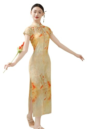 ROYAL SMEELA Modern Qipao-klänning för kvinnor, Cheongsam, Mao-hals och korta ärmar, orange, Orange, L