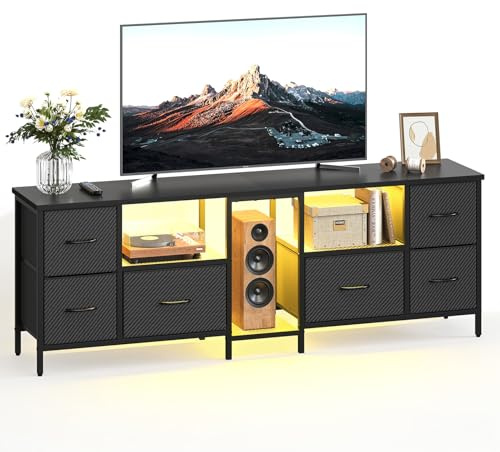 Bestier Mueble TV 160cm con Almacenamiento para TV de hasta 75 Pulgadas, Mesa TV con 6 Cajones de Tela y Luces LED, Centro de Entretenimiento para Salón y Dormitorio, Negro Fibra de Carbono