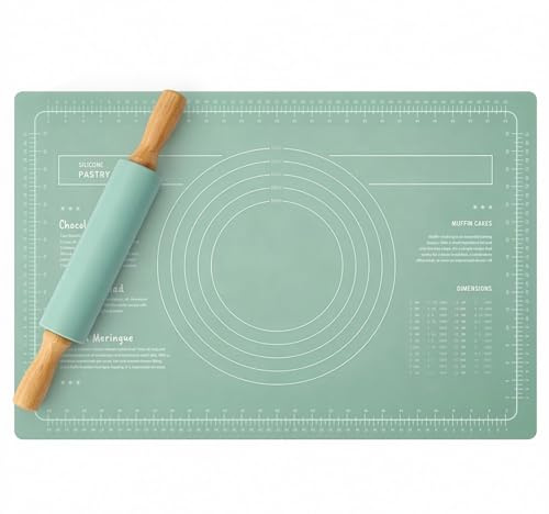 GREENSAPPIRE Non Slip Dough Baking Mat with Scales and Rolling Pin Green Pastry Mat for Bread Pizza and Pastry Kitchen Baking Tool for Home Kitchen