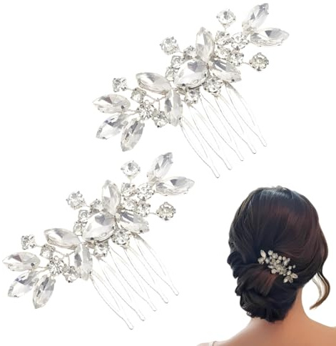 CATZUM 2 Stück Braut Haarschmuck Für Damen, Hochzeit Konfirmation Mädchen, Kommunion Brautschmuck Silberkristall, Glitzer Haarkämme Reben Blume Blatt Perlen (Silber)