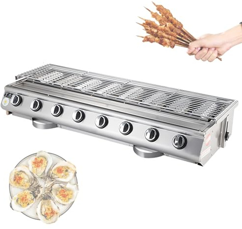 Parrilla de gas de 8 quemadores, parrilla de sobremesa de acero inoxidable para exteriores con altura ajustable, plancha portátil con bandeja recolectora de aceite, para fiestas, camping