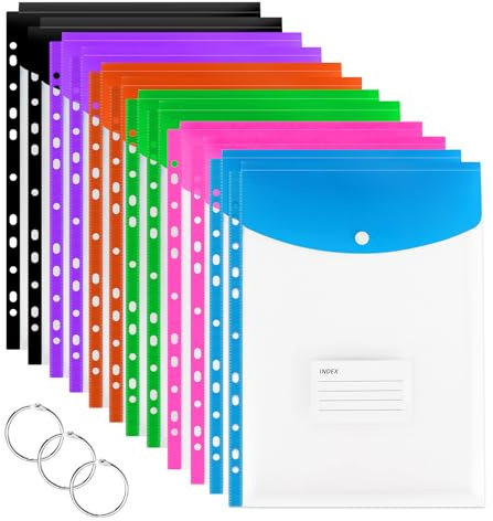 HAMOHTE Dokumententasche A4 Abheftbar, 12 Stück Dokumentenmappe A4 zum Abheften, 11 Lochung Kunststoff Mappen, Transparent Dokumententaschen Dokumenten Mappe mit Druckknopf und Etikettentasche