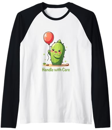 Carino Sorridente Cactus Holding Rosso Palloncino Illustrazione Maglia con Maniche Raglan