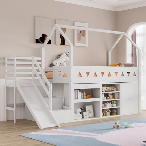 Mrwoo Hochbett 90 * 200cm,Baumhaus Stauraumbett mit Treppe,Rutsche,Schubladen,Schließfach,Platzsparendes Multifunktionales Design,Massivholz,Spielspaß für Kinder,Ohne Matratze