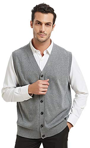 TopTie Men Sweater Vest Solid Knitted Lightweight Thermal Cardigan-Gray-L