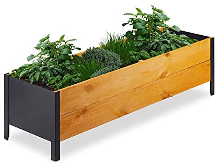 Relaxdays Hochbeet inkl. Vlies, HBT: 32,5x118x35 cm, Holz Kräuterbeet für Terrasse, Balkon & Garten, rechteckig, Natur, 10036905, Hellbraun, Schwarz