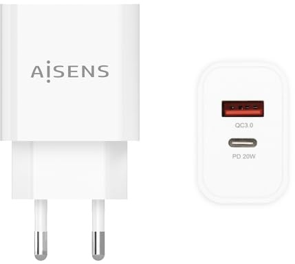 AISENS - CARGADOR 20W. 1xUSB-C PD3.0. 1xUSB-A QC3.0. BLANCO