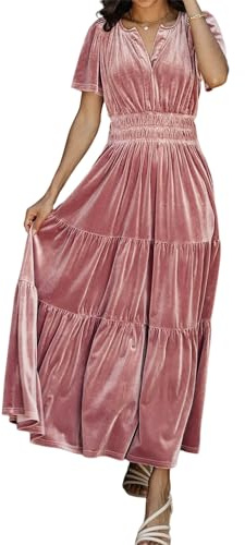 R.Vivimos Women V Neck Short Sleeve Velvet Maxi Dress | Elastic Waist,A Line,Tiered,Ruffle,Flowy,Vintage,Casual,Modest,Office,Prom,Party,Cocktail,Evening,Christmas,Long Dresses