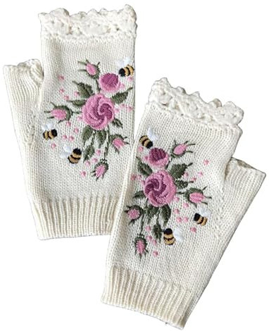 CHENRI 1 Paar Handbestickte Handschuhe, Damen Fingerlose Handschuhe, Strick Pluswärmer Handstulpen, Halb Fingerhandschuhe, Winter Armstulpen Handschuhe, Blumen Handschuhe für Frauen Mädchen (Weiß)