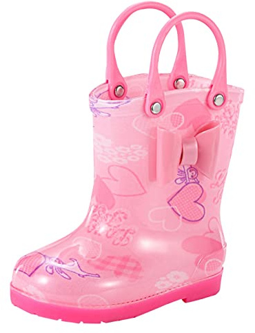 BOTCAM Stivali da pioggia per bambini con luce glitterata per ragazze, scarpe da pioggia arcobaleno e stivali tinta unita con manici facili da applicare, Rosa 1, 22.5 EU