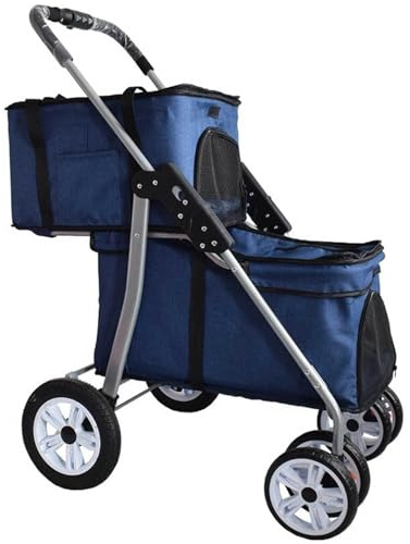 4-Rad-Doppel-Haustier-Kinderwagen für Hunde und Katzen – 2-lagiger Haustier-Reise-Kinderwagenträger, Trolley-Jogger – Ideal für Reisen mit Zwei oder Mehreren Haustieren,Blue