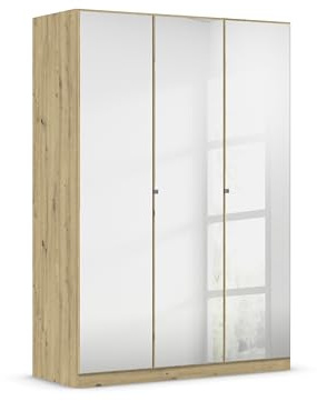 Rauch Möbel Reflect, Drehtürenschrank, Kleiderschrank, Schrank mit Spiegel, Garderobe, 3-türig, 3 Spiegeltüren, mit weiterem Zubehör, Farbe Eiche Artisan, Holz, 136x197x54cm