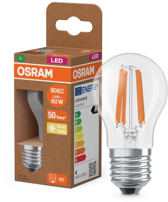 Osram Energy Class LED-Lampe in klassischer Miniballform, 3.8 W / 806 lm, EEK A, warmweißes Licht (2700 K), CRI 80, aus klarfarbenem bleifreiem Glas, E27 Sockel, IP20, 45 mm Durchmesser.