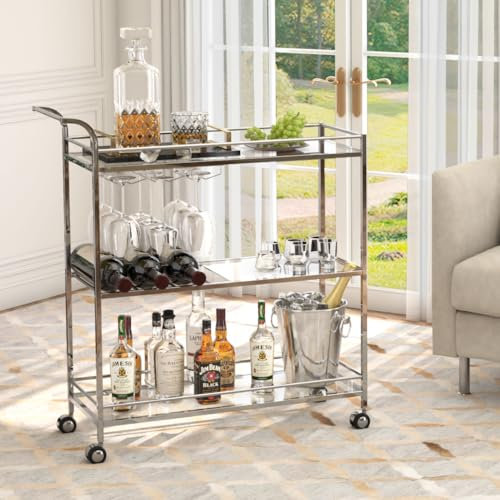 Alihdrna Carrello da bar moderno in argento, scaffale mobile da cucina a 3 livelli con portabottiglie e supporto per bicchieri, carrello da portata per bar di casa