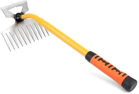 FLOWERUN Hand Unkrautstecher mit Ergonomischem Griff, Unkrauthacke mit 11 Zinken aus Edelstahl für Gartenarbeit, Beete, Wege, Blumenbeete und Gemüsebeet (Orange)