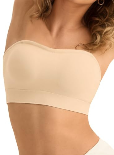 SHARICCA Trägerloser BH Damen ohne Bügel Nahtlos Bandeau BH ohne Träger Push Up Nahtlos Tube Top BHS Gepolsterter Bralette mit Rutschfestes Silikon Strapless Bra(Beige-XL)