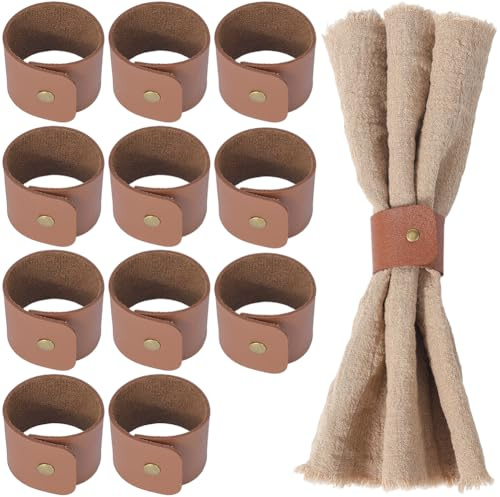 CALFOVERA 12 Rond de Serviette en Cuir PU Marron Porte Serviettes à Boucle Rustique Rond de Serviette en Cuir Vintage Décoration de Table Faite à la Main pour Réceptions de Mariage d'anniversaire