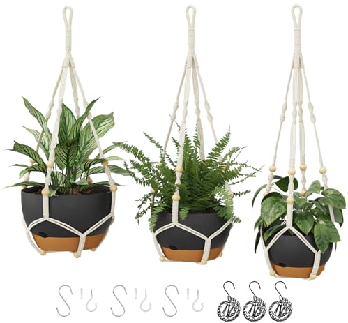 Bamworld Set di 3 Portavasi da Appendere in Macramé con Autorinnaio, Vasi Sospesi con Catene per Piante da Interno 28/23/20 cm, Nero