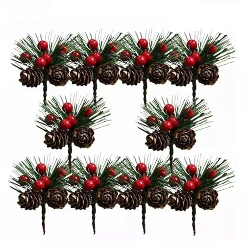 Plantas en miniatura, 10 piezas de flores artificiales rojas de Navidad de 8 cm, cono de pino, ramas de acebo, decoración floral para el hogar, manualidades