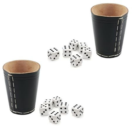 Würfelbecher inkl. 6 Würfel in 2er Set - Klassischer Handgearbeiteter Lederbecher 9cm - Würfelbecher Leder mit 6 Würfeln (Schwarz, 2)