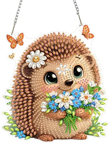 NEWENMO Lindo Erizo Diamond Painting Adornos Colgantes,5D Flores y Mariposas Colgante de Pintura de Diamantes,Forma Especial Kit de Diamantes de Cristal,para Decoración de Puertas y Ventanas