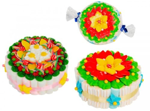 Lote de 2 Tartas Decorativas de Golosinas Diseño. (Surtidas). Juguetes y Regalos Baratos para Fiestas de Cumpleaños, Bodas, Bautizos, Comuniones y Eventos.