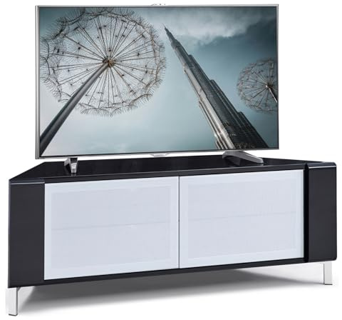 MDA Designs CORVUS Corner-Friendly Gloss Black Contemporary Cabinet with Black Profiles White BeamThru Glass Doors Suitable for Flat Screen TVs up to 50