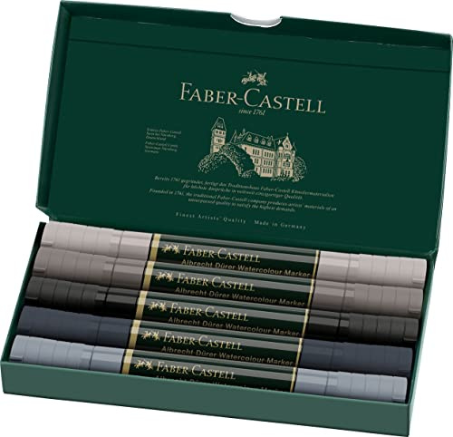 FABER-CASTELL 160306 Albrecht Dürer - Rotulador para acuarela con doble punta para una aplicación de color plana y precisa, estuche de 5 unidades, tonos grises