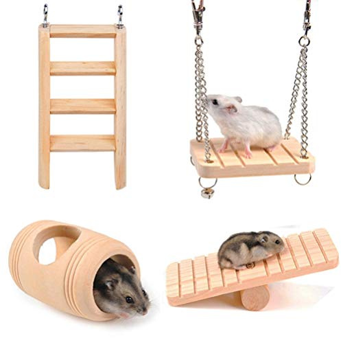 Feltsky Juguetes para hámster y accesorios 4 en 1 – Escalera, columpio, barril, balancín, balancín, pino de madera natural, juguetes para masticar Gerbo, rata, cobaya, chinchilla