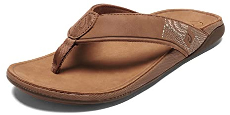 OLUKAI Tuahine vattentäta lädersandaler för män, mångsidiga strandflip-flops med valvstöd och bekväm passform, lätt och hållbar, förbättrat grepp och dragkraft, Toffee/Koffee, 41 EU