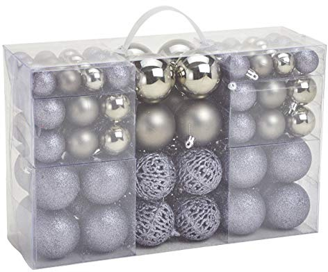 Kunststoff Christbaumkugel Set 100-teilig bruchsicher - grau | Weihnachtskugeln inklusive Metall Haken - Weihnachtskugeln Deko Schmuck Anhänger für Weihnachtsbaum Christbaum Tannenbaum