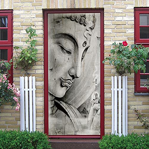 LuSeven decoracion hogar moderno Arquitectura de escultura de Buda 40x120cm(15.74 inches * 47.24 inches) Pvc Adhesivo Fotográfico Vinilos Puerta Pegatina Pared Murales Para Cocina Sala De Baño Decorat