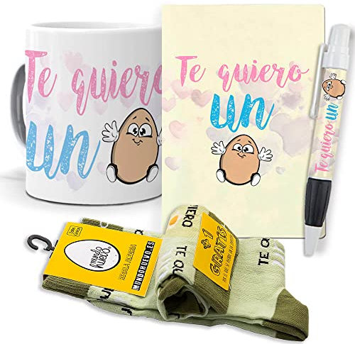mundohuevo Super Regalo Personalizado y Divertido. Te Quiero un Huevo. Taza, libreta, boli y Trio de Calcetines