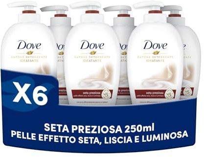 Dove, Sapone Liquido Mani Seta Preziosa, Sapone Detergente Mani Idratante, Rimuove con Efficacia Sporco e Batteri, con +5 Agenti Idratanti, Formula 99% Biodegradabile, 6 pezzi da 250ml