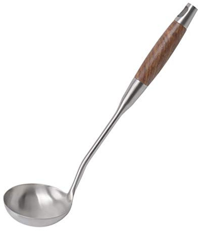 sourcing map 14.2 Pouce Inox Acier Soupe Louche Cuillère Unique Pièce Conception Manche Bois Cuisine Cuisson Ustensile pour Servir Soupe Argenté