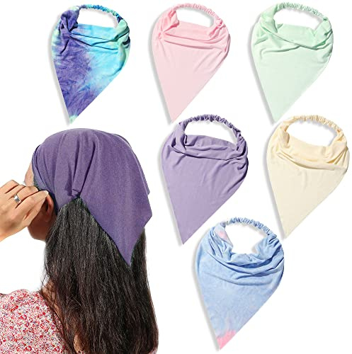 6 Pack Hair Scarf Headband for Women - Elastic Hair Kerchief Boho Large Triangle Bandana Head Scarf with Clips Non Slip Tie Dye Headbands Scarves for Girls