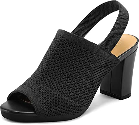 mysoft Women's Knit Chunky Block High Heels Elastic Slingback Open Toe 3 Inch Heeled Sandals,Black,7.5 US