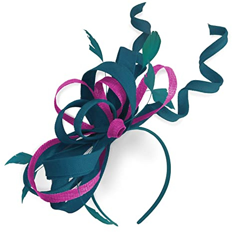 Caprilite Mix Swirl Fascinator Hat on Headband Wedding Ascot Races Bespoke Sinamay for Ladies (Teal and Fuchsia Pink)