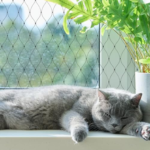 TiciKim Katzennetz Für Balkon und Fenster, 9 x 3 m, Balkonnetz für Katzen mit Befestigungsseil und Zubehör, Extragroßes Katzen Schutznetz für Balkon Fenster Terrasse Tür Innen und Außen, Schwarz