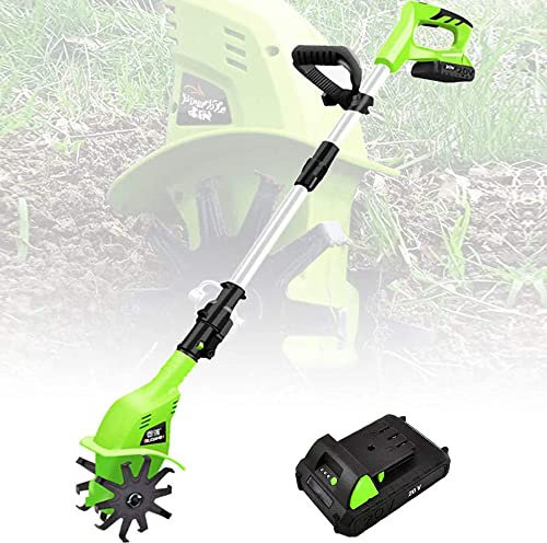 Motozappa, motocoltivatore da giardino con batteria ricaricabile da 4000 mAh e caricatore, larghezza di lavoro 10 cm e profondità di lavorazione 25 cm, per prato da giardino, allentamento del suolo