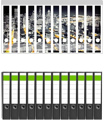 Wallario 12 Stück schmale Ordner inkl. Klebeetiketten mit Motiv Großstadt bei Nacht - Seattle in schwarz weiß gelb - Set mit Rückenschildern/Ordnerrücken Stickern