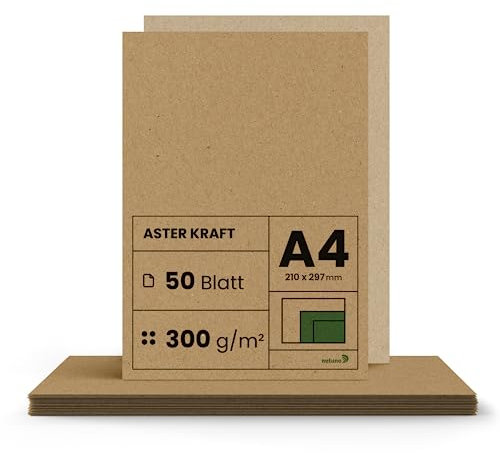 Netuno 50x Papier Kraft 300g A4 210 x 297 mm Aster - Carton Brun Recyclé pour Bricolage, Cartes de Visite, Cartons de Table, Marque-Places - Style Vintage