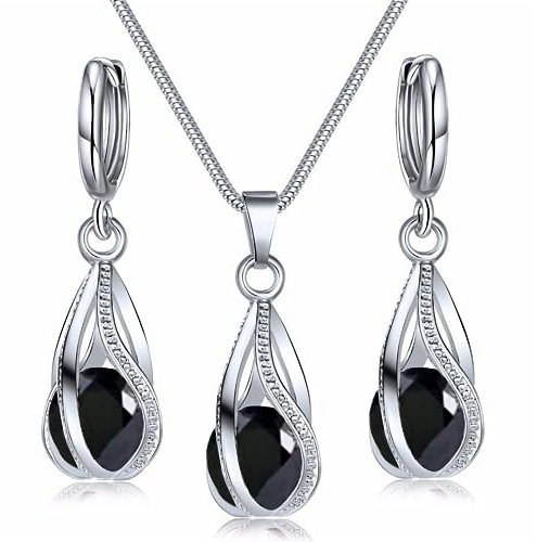 Hanaoops Schmuckset Damen Silber 925 Set Teardrop Cubic Zirkonia Kristall-Anhänger Halskette Ohrringe Sets Geschenk für Set Freundin Ehefrau am Valentinstag schwarz