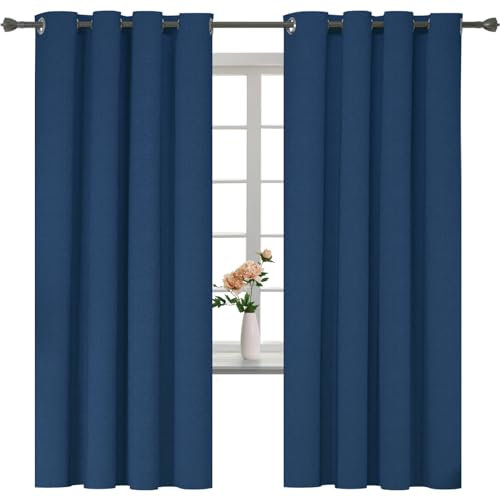 YSTELLAA Tende 100% Oscuranti Per Interni 2 Pezzi, 140×175cm, Effetto Lino, Tende Termiche, Con Anelli, Tenda Termica Isolante Freddo E Caldo, Fonoassorbenti, Moderne, Blu