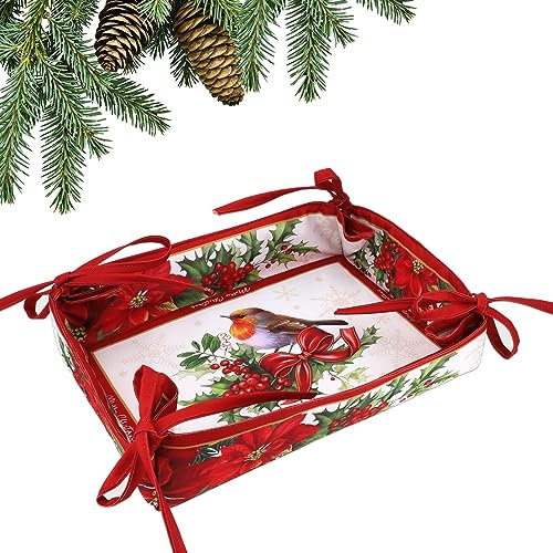 Carmani - Cesta plegable rectangular reversible para pan, panecillos, baguettes, bollos, huevos y pasteles con diseño de Navidad y patrón de petirrojos